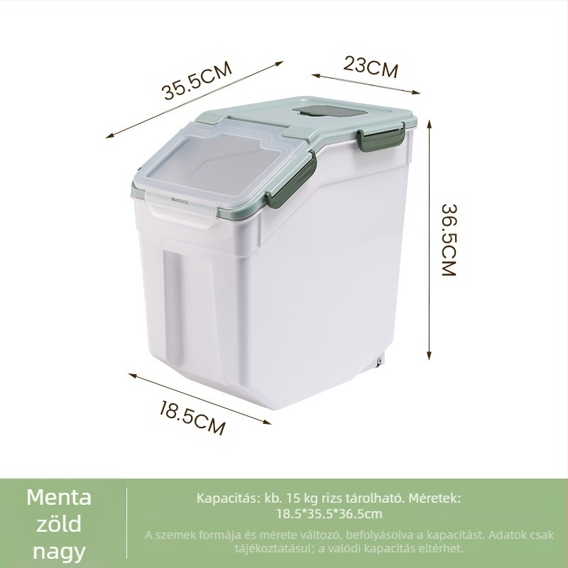 Rizs tárolóedény nedvesség- és rovarbiztosítással • PP műanyag • kapacitás 10 L felett • modern, letisztult stílus