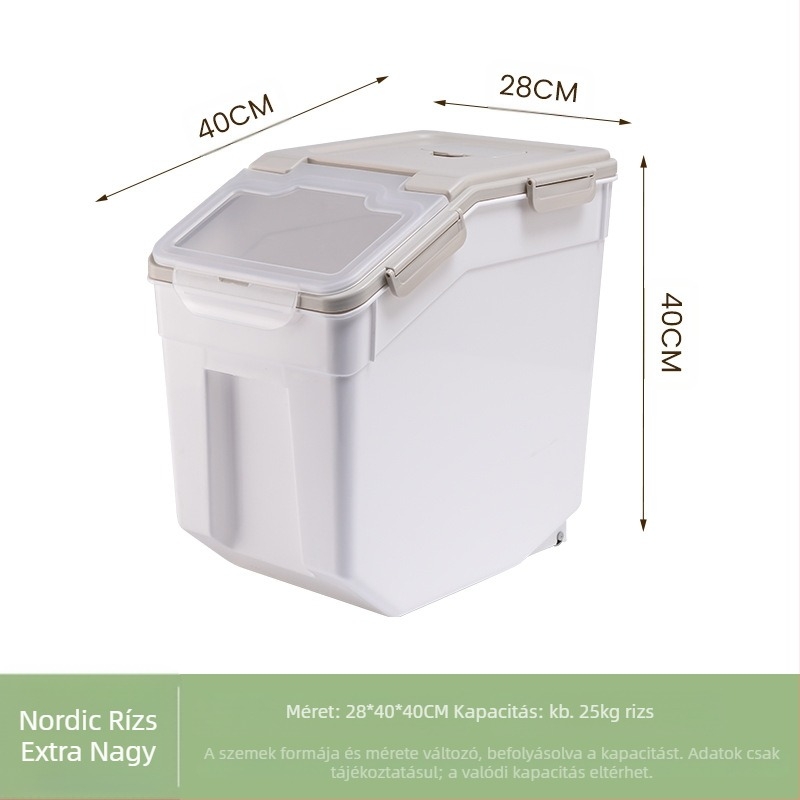 Rizs tárolóedény nedvesség- és rovarbiztosítással • PP műanyag • kapacitás 10 L felett • modern, letisztult stílus