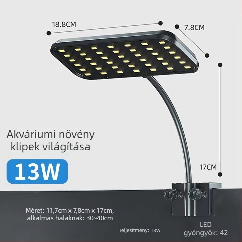 Akváriumi növények klipszes lámpája, műanyag ház, 8W–13W, tömeg 0,5 kg