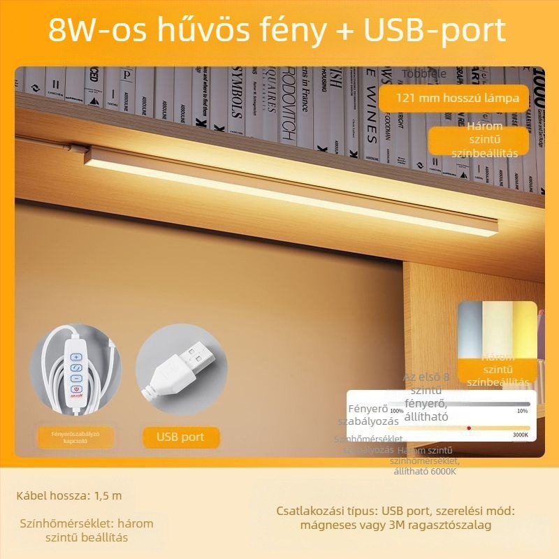 LED-szalagos asztali lámpa a kollégiumhoz, USB mágneses tartó, szemvédelem, 220V bemenet