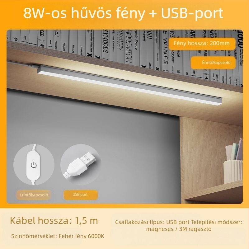 LED-szalagos asztali lámpa a kollégiumhoz, USB mágneses tartó, szemvédelem, 220V bemenet