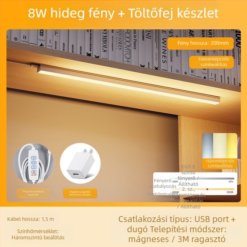 LED-szalagos asztali lámpa a kollégiumhoz, USB mágneses tartó, szemvédelem, 220V bemenet