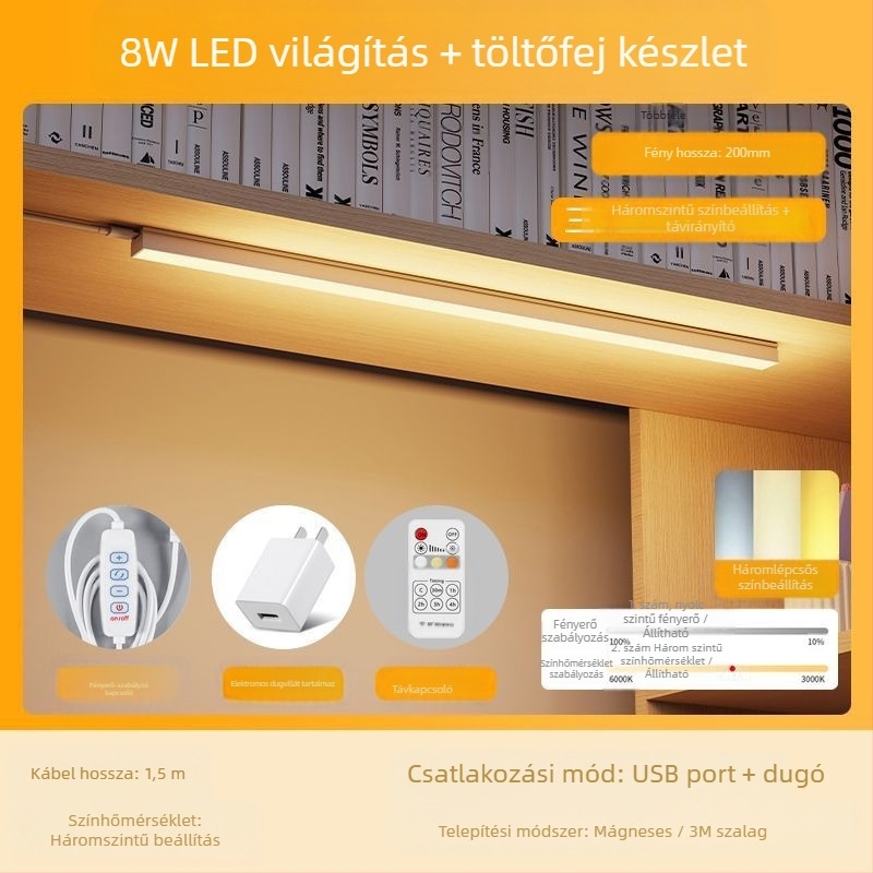 LED-szalagos asztali lámpa a kollégiumhoz, USB mágneses tartó, szemvédelem, 220V bemenet