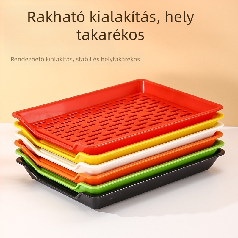 PP négyszögletes tál leürítő hálóval, testreszabható logónyomtatás, mikróban nem használható, modern minimalista stílus