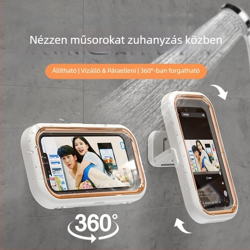 Teleszkópos fürdőszobai vízálló telefontartó forgó érintőképernyővel, falra szerelhető ragasztóval, ABS+PET