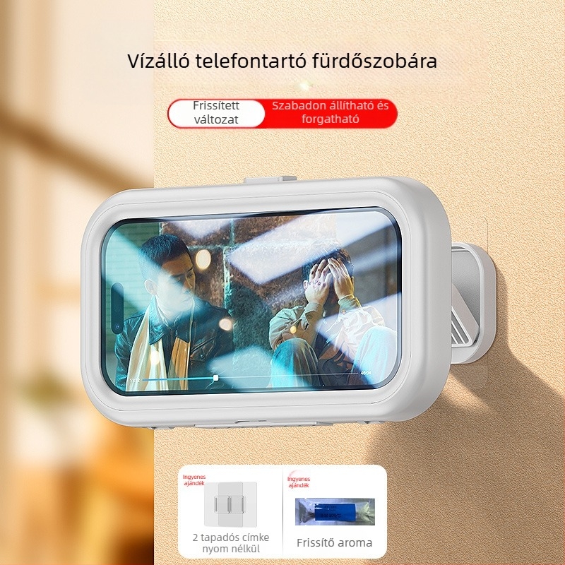 Teleszkópos fürdőszobai vízálló telefontartó forgó érintőképernyővel, falra szerelhető ragasztóval, ABS+PET