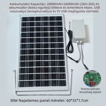 Kültéri napelemes töltőpanel dupla USB kimenettel, szabályozott 5V/12V DC kimenet energia tárolásához
