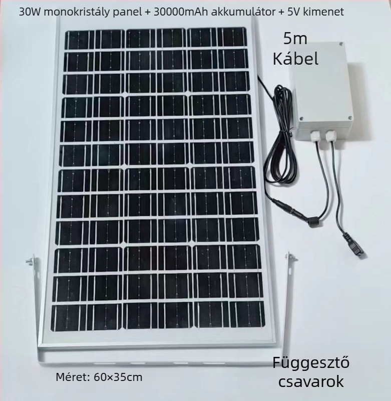 Kültéri napelemes töltőpanel dupla USB kimenettel, szabályozott 5V/12V DC kimenet energia tárolásához