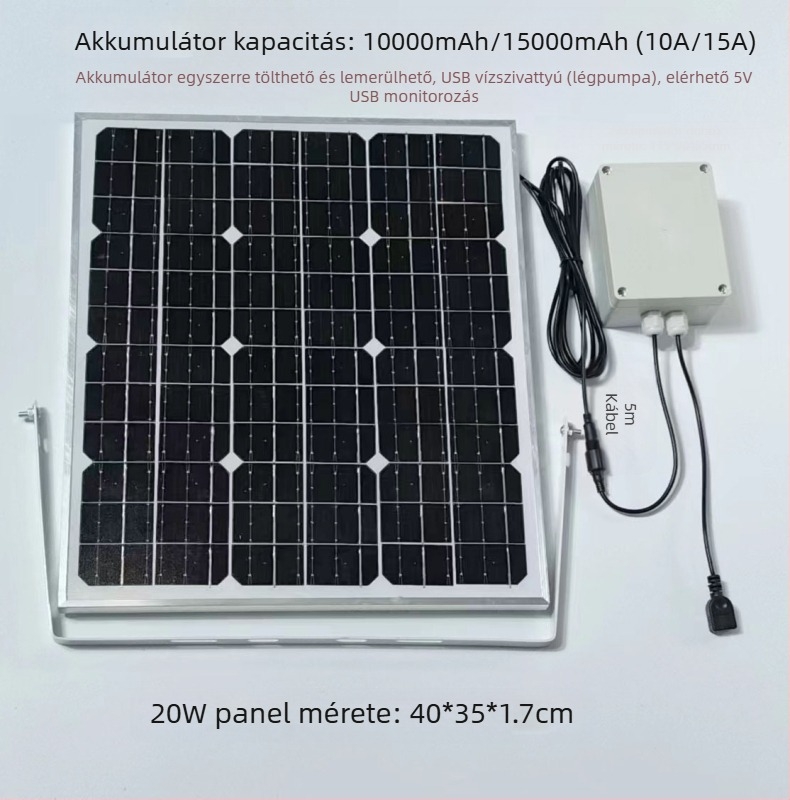 Kültéri napelemes töltőpanel dupla USB kimenettel, szabályozott 5V/12V DC kimenet energia tárolásához