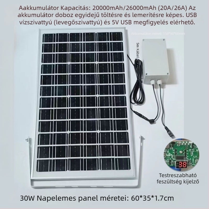 Kültéri napelemes töltőpanel dupla USB kimenettel, szabályozott 5V/12V DC kimenet energia tárolásához