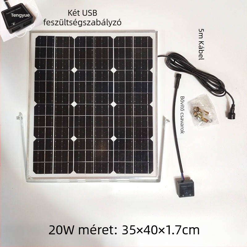 Kültéri napelemes töltőpanel dupla USB kimenettel, szabályozott 5V/12V DC kimenet energia tárolásához