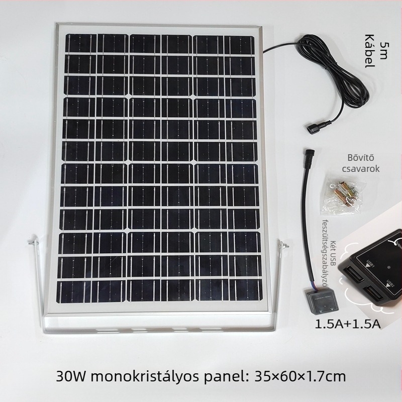 Kültéri napelemes töltőpanel dupla USB kimenettel, szabályozott 5V/12V DC kimenet energia tárolásához