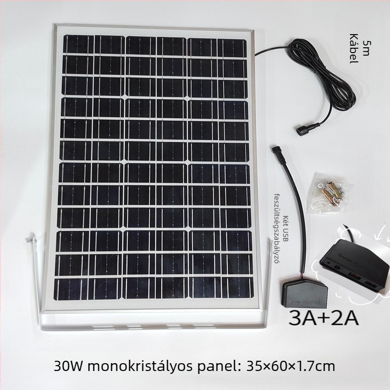 Kültéri napelemes töltőpanel dupla USB kimenettel, szabályozott 5V/12V DC kimenet energia tárolásához