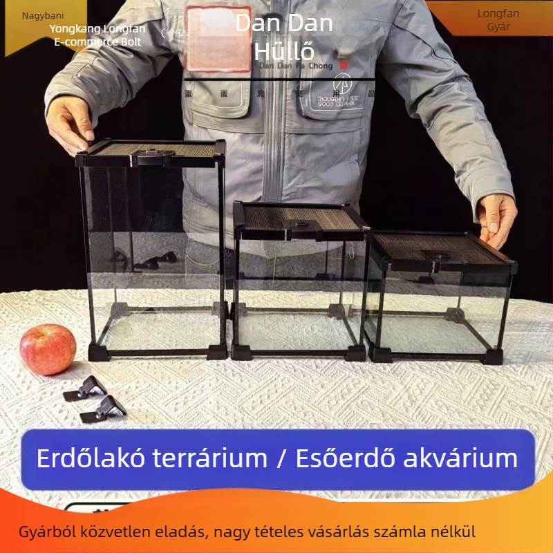 Fedéllel ellátott üveg terrárium arboreális hüllőknek, esőerdei ökoszisztéma élőhely, szaporítási doboz gecko számára