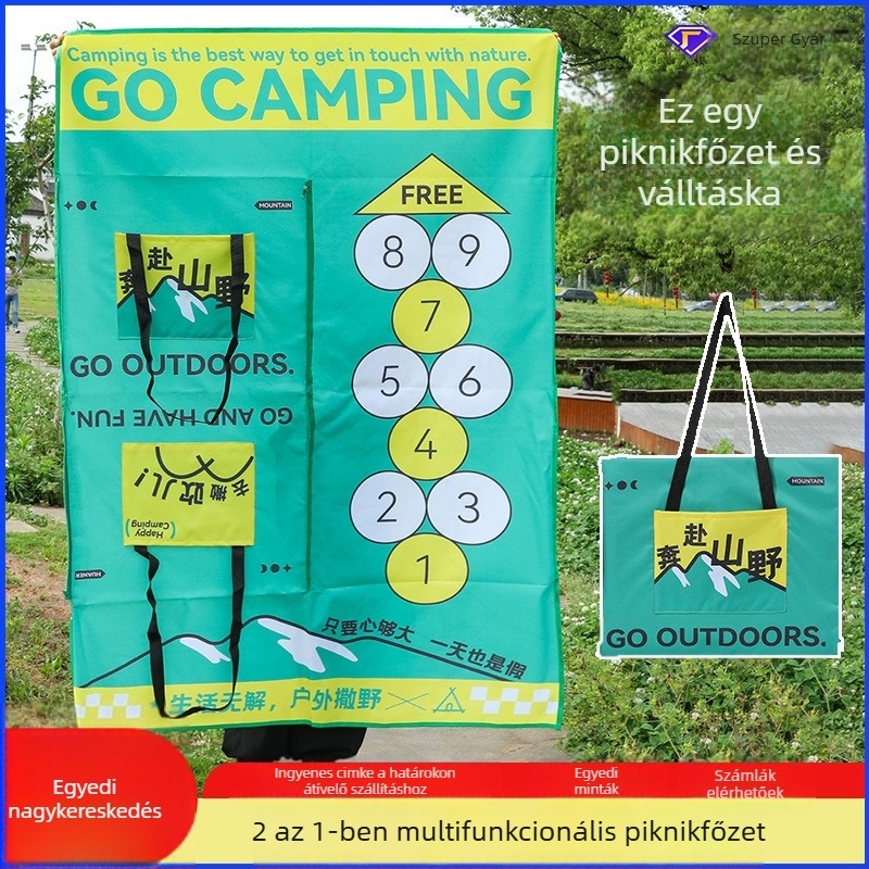 Kültéri kétfunkciós piknik takaró hátizsákkal, nedvességálló és sárálló, cipzáras, Oxford anyag 600D, 650 g, 2–4 fő részére