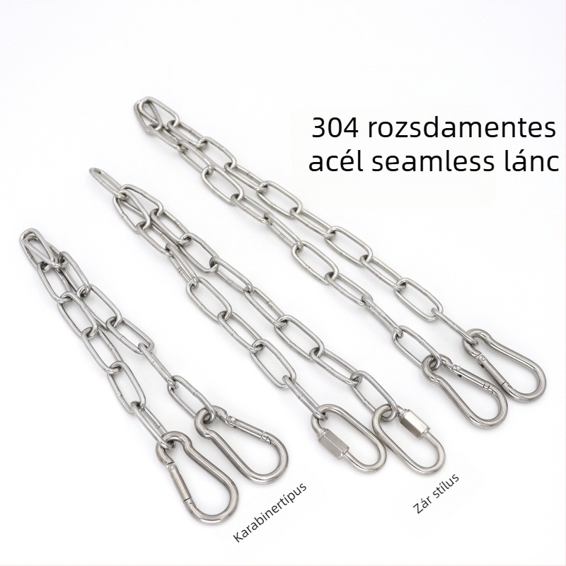Rozsdamentes acélból készült hegesztett lánc rugós karabinerrel és csatlakozó gyűrűvel terheléshez és függesztéshez