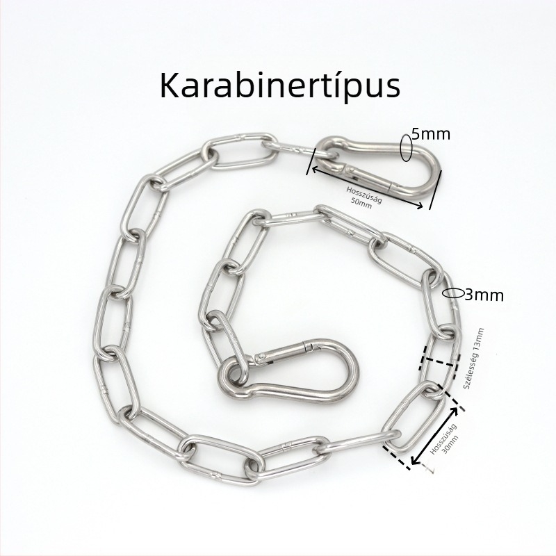 Rozsdamentes acélból készült hegesztett lánc rugós karabinerrel és csatlakozó gyűrűvel terheléshez és függesztéshez
