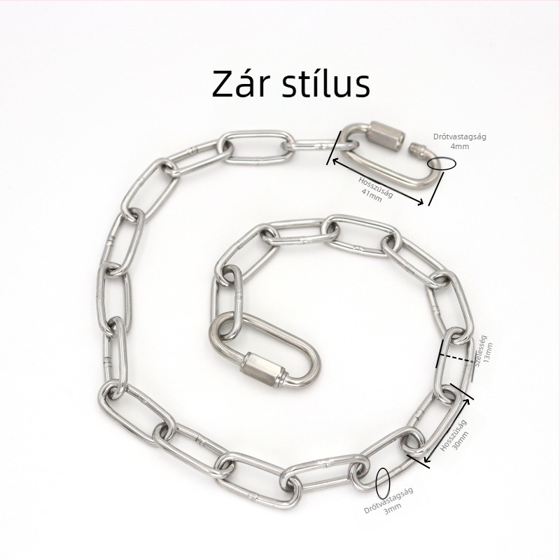 Rozsdamentes acélból készült hegesztett lánc rugós karabinerrel és csatlakozó gyűrűvel terheléshez és függesztéshez