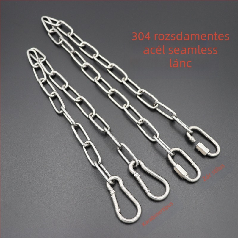 Rozsdamentes acélból készült hegesztett lánc rugós karabinerrel és csatlakozó gyűrűvel terheléshez és függesztéshez