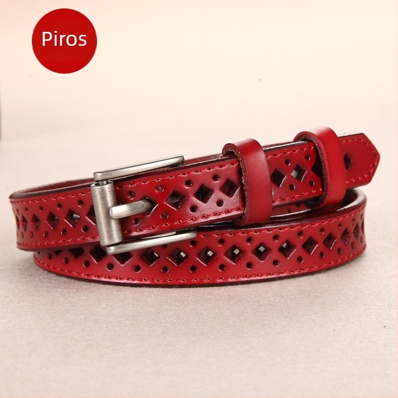 Uniszex bőröv természetes bőrből, két réteg marhabőrből, négyszögletes övcsattal, tűs záródással, üreges dizájn