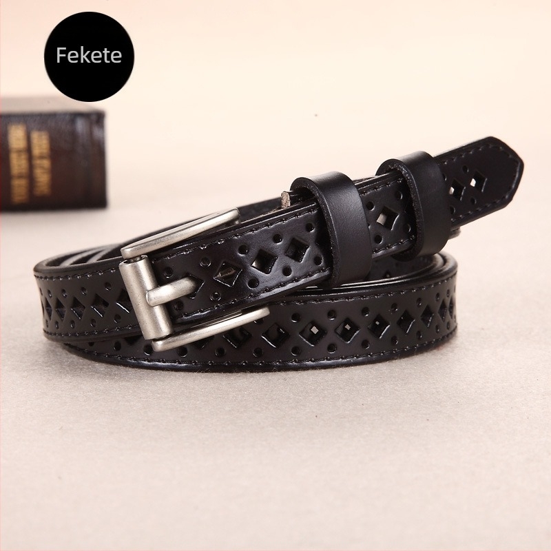 Uniszex bőröv természetes bőrből, két réteg marhabőrből, négyszögletes övcsattal, tűs záródással, üreges dizájn