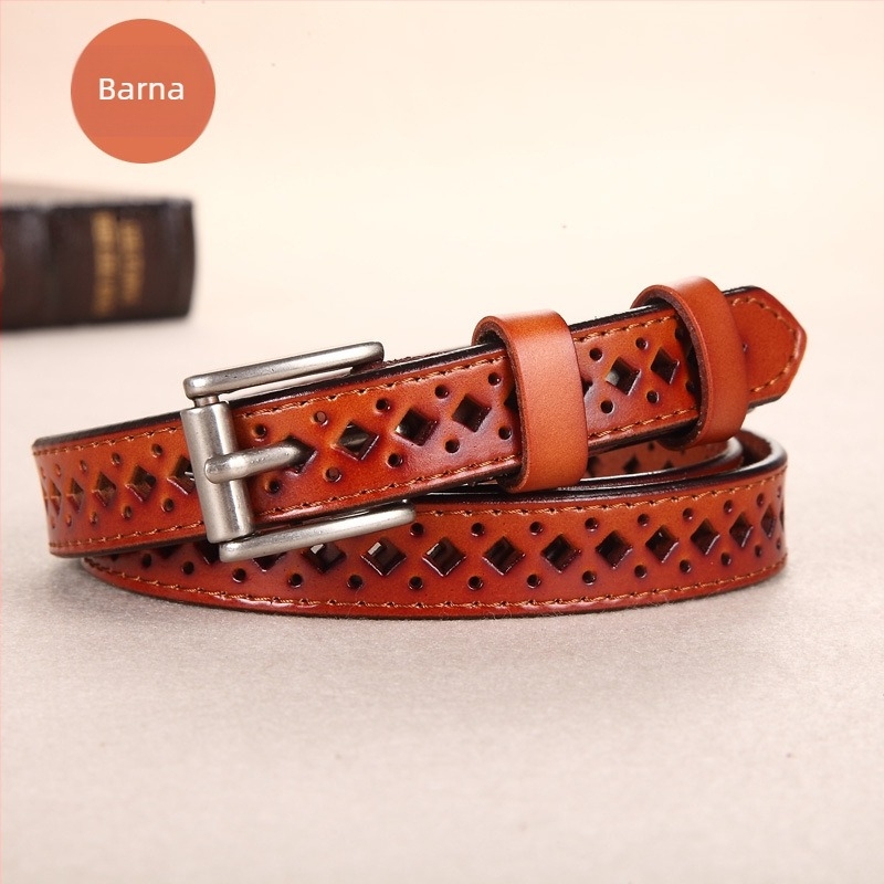 Uniszex bőröv természetes bőrből, két réteg marhabőrből, négyszögletes övcsattal, tűs záródással, üreges dizájn