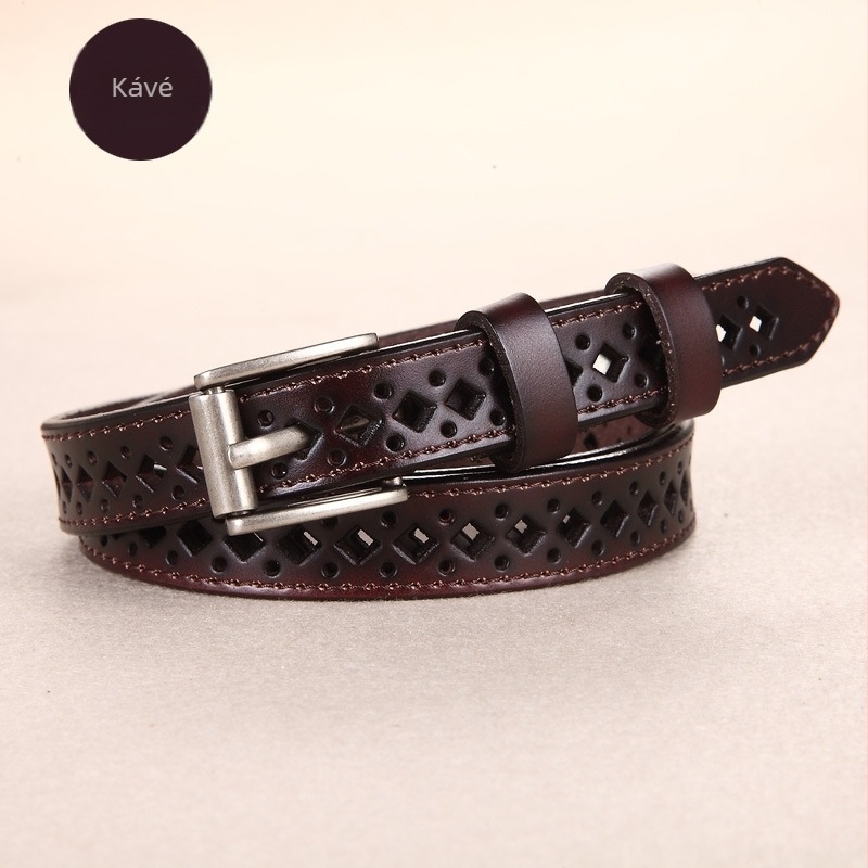 Uniszex bőröv természetes bőrből, két réteg marhabőrből, négyszögletes övcsattal, tűs záródással, üreges dizájn