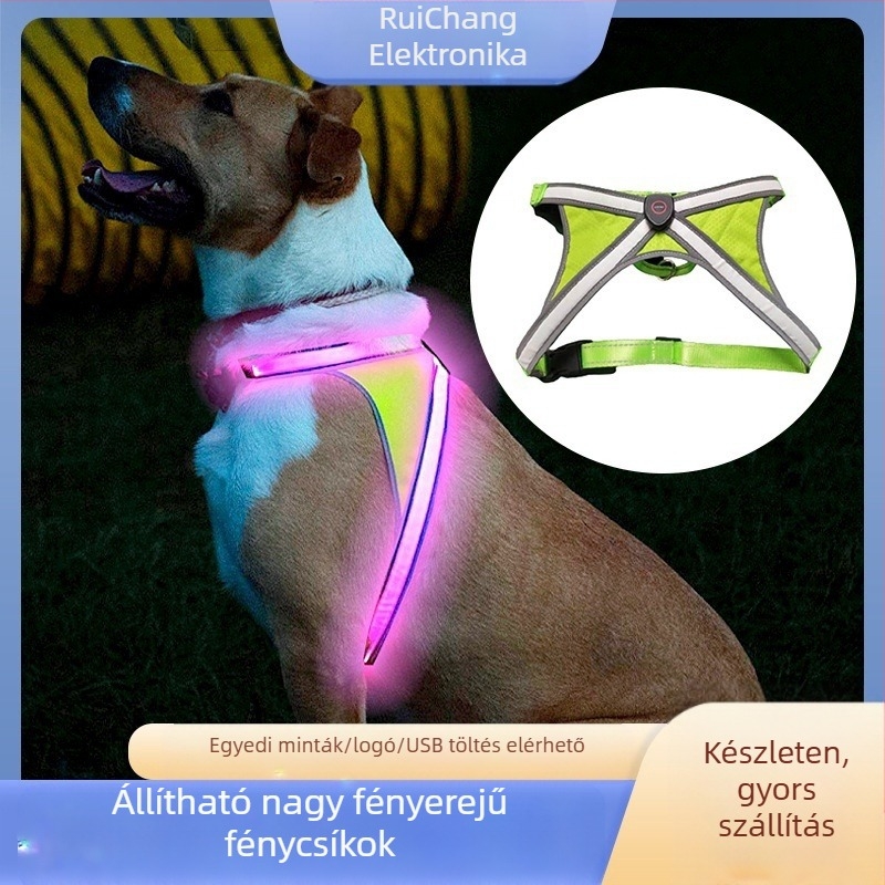 LED USB-töltésű kutya mellkasi pánt nylonból, állítható, éjszakai sétákhoz