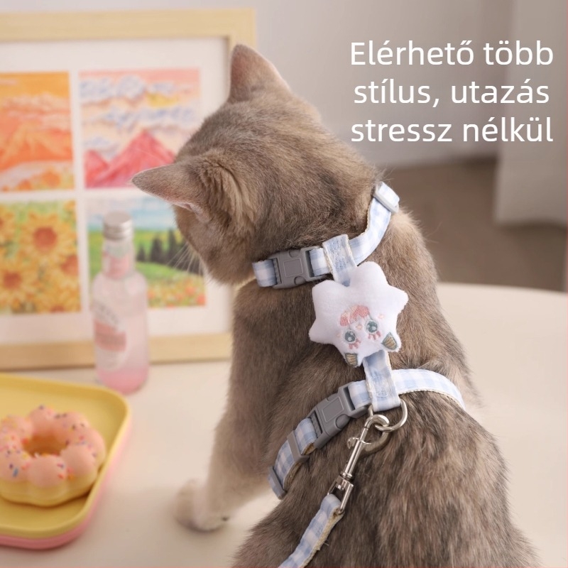 Macska sétáló póráz - nem visszahúzható, állítható mellkasi hám, nylon kötélből készült póráz ötvözet és ABS zárakkal