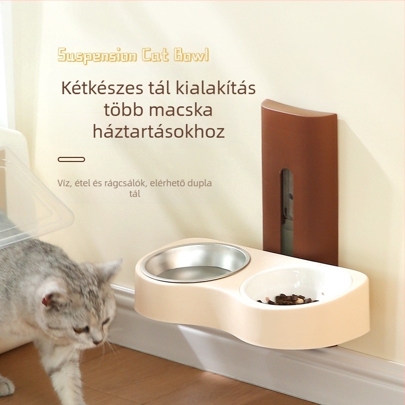 Falihoz szerelhető kettős tálas etető háziállatoknak, anti-tip, műanyag, automata etetés