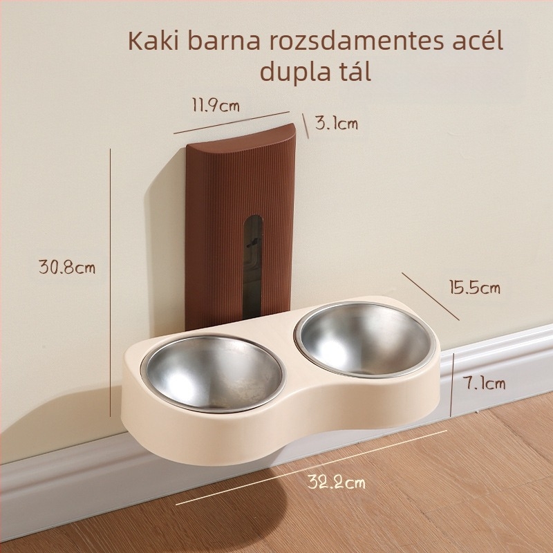 Falihoz szerelhető kettős tálas etető háziállatoknak, anti-tip, műanyag, automata etetés