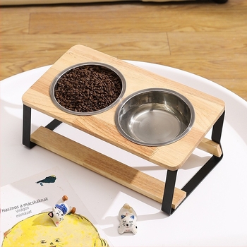 Macska etetőállvány kerámia tál és fa keretből, dönthető kialakítás a kiborzás megelőzésére, márka Aile sheng