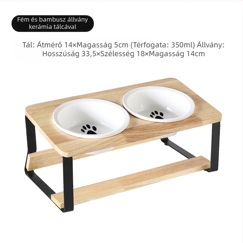 Macska etetőállvány kerámia tál és fa keretből, dönthető kialakítás a kiborzás megelőzésére, márka Aile sheng