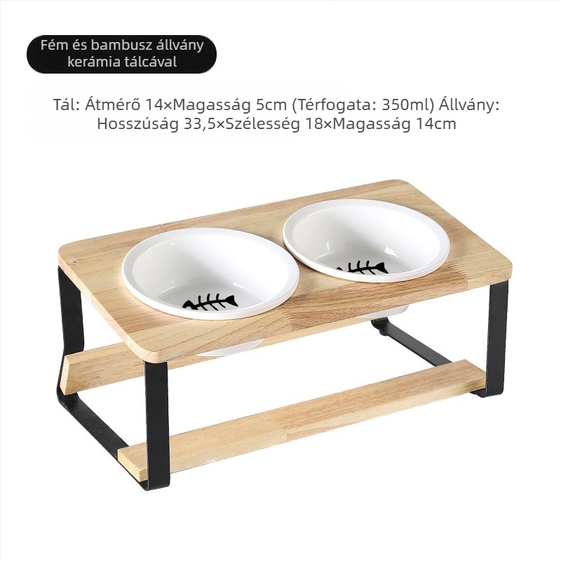 Macska etetőállvány kerámia tál és fa keretből, dönthető kialakítás a kiborzás megelőzésére, márka Aile sheng