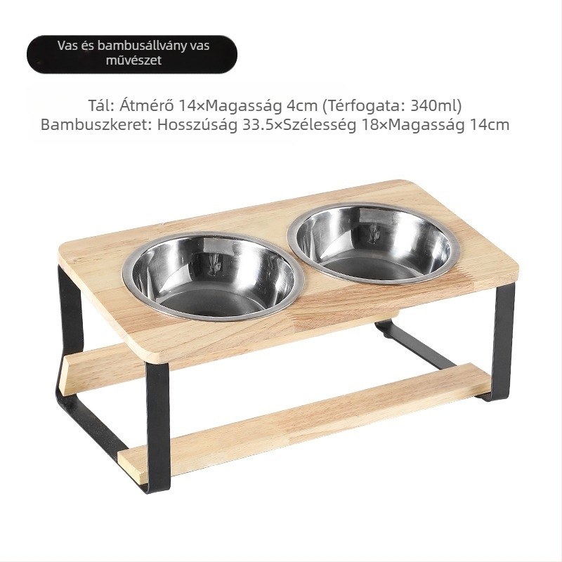 Macska etetőállvány kerámia tál és fa keretből, dönthető kialakítás a kiborzás megelőzésére, márka Aile sheng