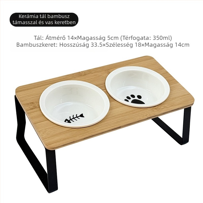 Macska etetőállvány kerámia tál és fa keretből, dönthető kialakítás a kiborzás megelőzésére, márka Aile sheng
