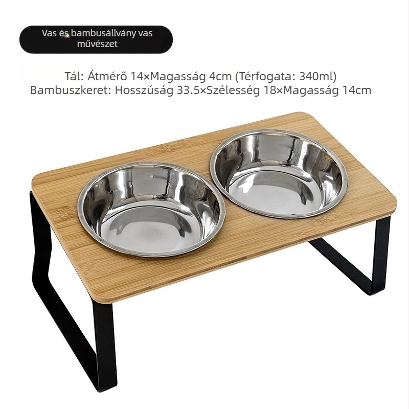 Macska etetőállvány kerámia tál és fa keretből, dönthető kialakítás a kiborzás megelőzésére, márka Aile sheng