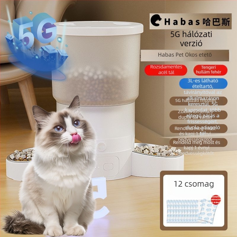 G5J Habas időzített intelligens automata etető, nagy kapacitású macskáknak és kutyáknak