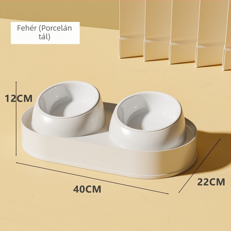 Két tálas kerámia macska ételtál, anti-felborulás és ferde szájú kialakítás a nyak védelméért
