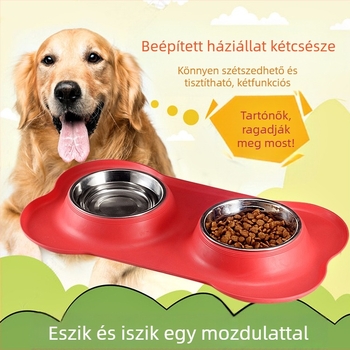 Kutyatál rozsdamentes acélból, csont alakú, egy darabból álló kettős tál