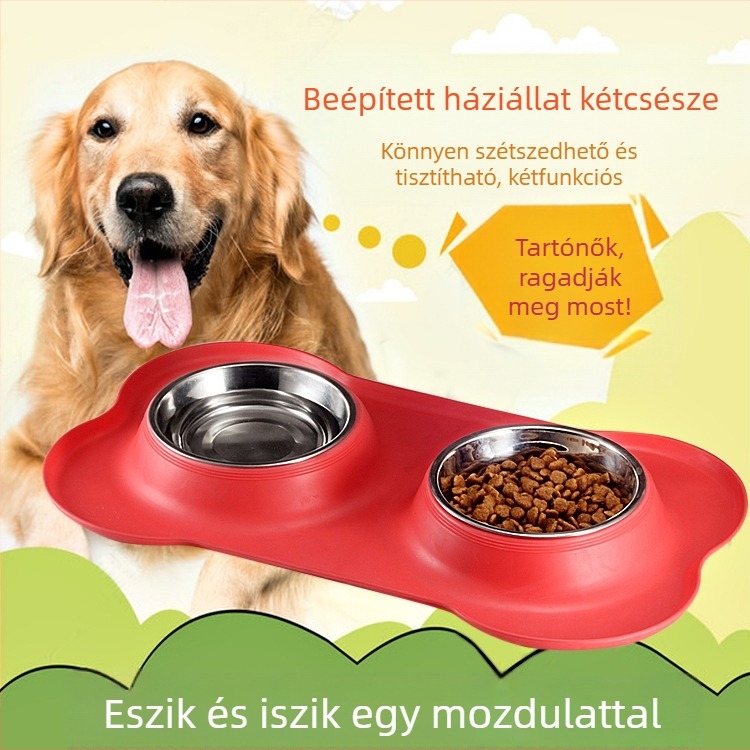 Kutyatál rozsdamentes acélból, csont alakú, egy darabból álló kettős tál