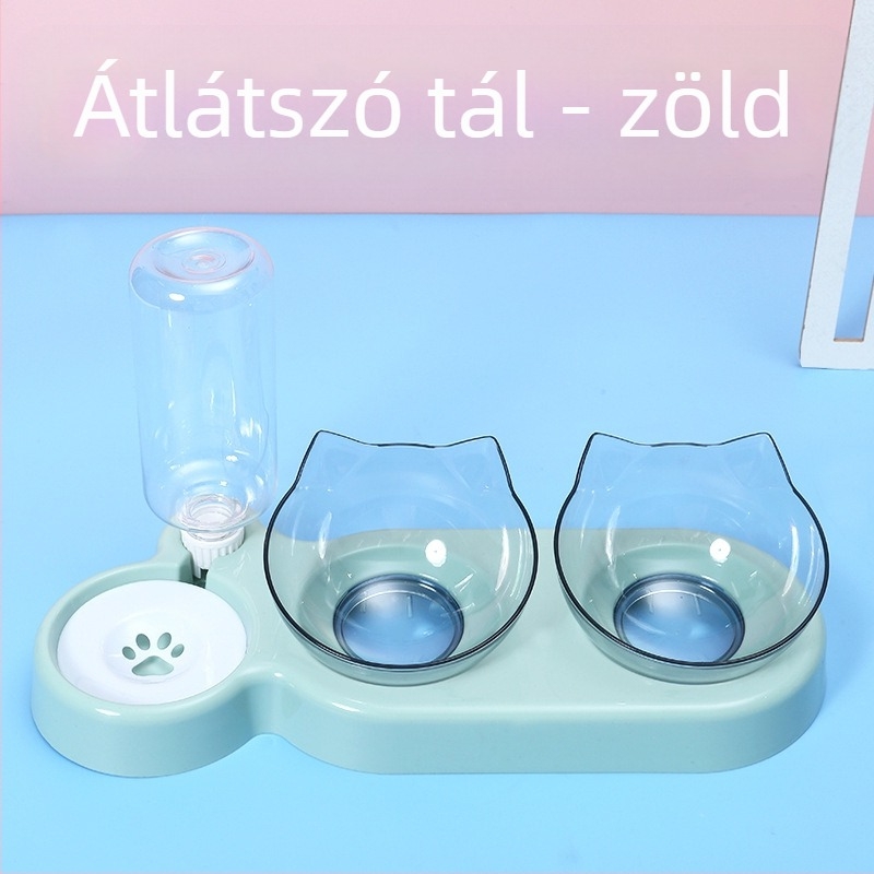 3 az 1-ben állateledeles tál automatikus ivó rendszerrel, anti-öntés védelemmel és nyakvédővel, anyag PP+PC