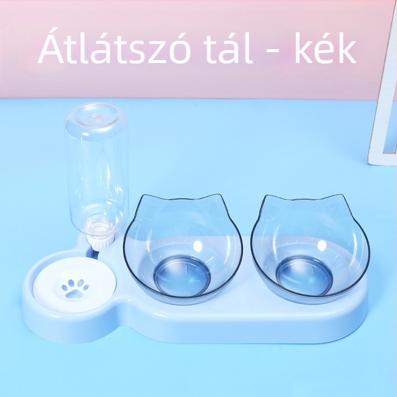 3 az 1-ben állateledeles tál automatikus ivó rendszerrel, anti-öntés védelemmel és nyakvédővel, anyag PP+PC