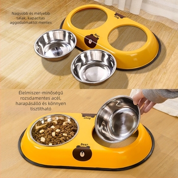 Rozsdamentes acélból készült kettős tál háziállatok számára, beépített dizájnnal, csúszásmentes, automatikus etetés, Seven Oh