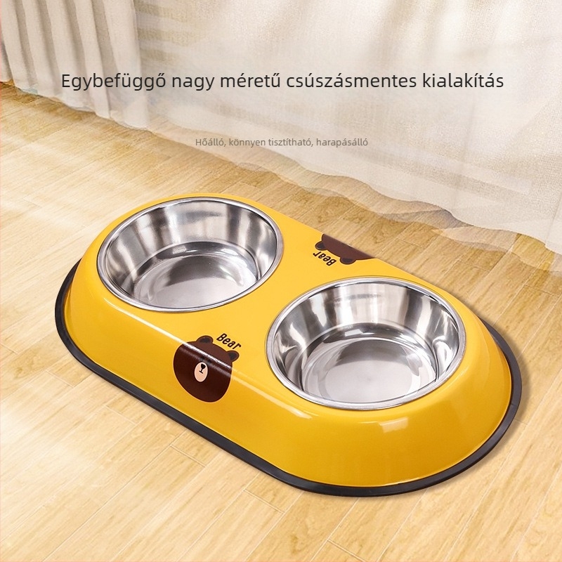 Rozsdamentes acélból készült kettős tál háziállatok számára, beépített dizájnnal, csúszásmentes, automatikus etetés, Seven Oh