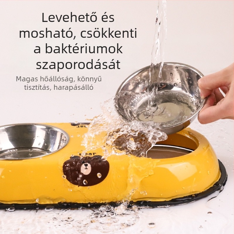 Rozsdamentes acélból készült kettős tál háziállatok számára, beépített dizájnnal, csúszásmentes, automatikus etetés, Seven Oh