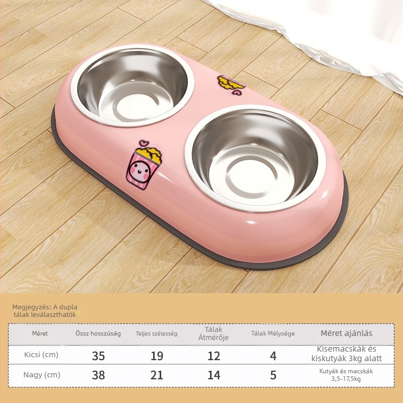 Rozsdamentes acélból készült kettős tál háziállatok számára, beépített dizájnnal, csúszásmentes, automatikus etetés, Seven Oh