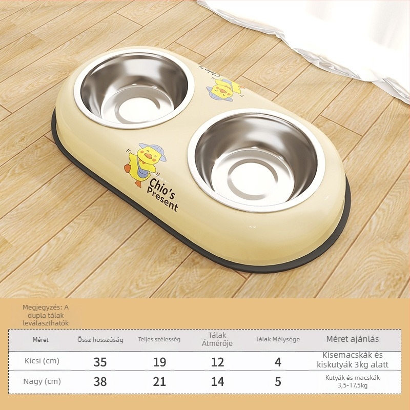 Rozsdamentes acélból készült kettős tál háziállatok számára, beépített dizájnnal, csúszásmentes, automatikus etetés, Seven Oh