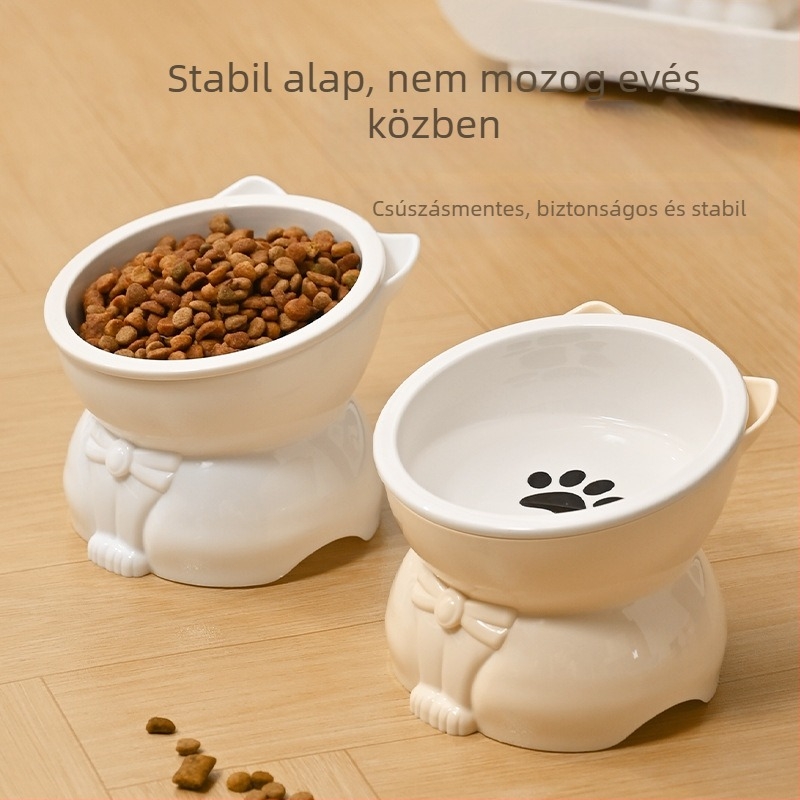 Macska tál ételhez és vízhez – kerámia és műanyag, ferde nyílás, magas talp, alkalmas macskáknak