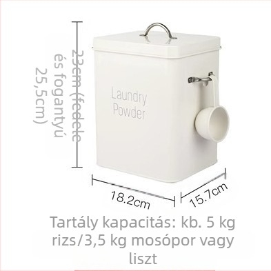 Fémből készült mosópor tároló zárható fedéllel, nedvességálló, 6–7 literes kapacitás